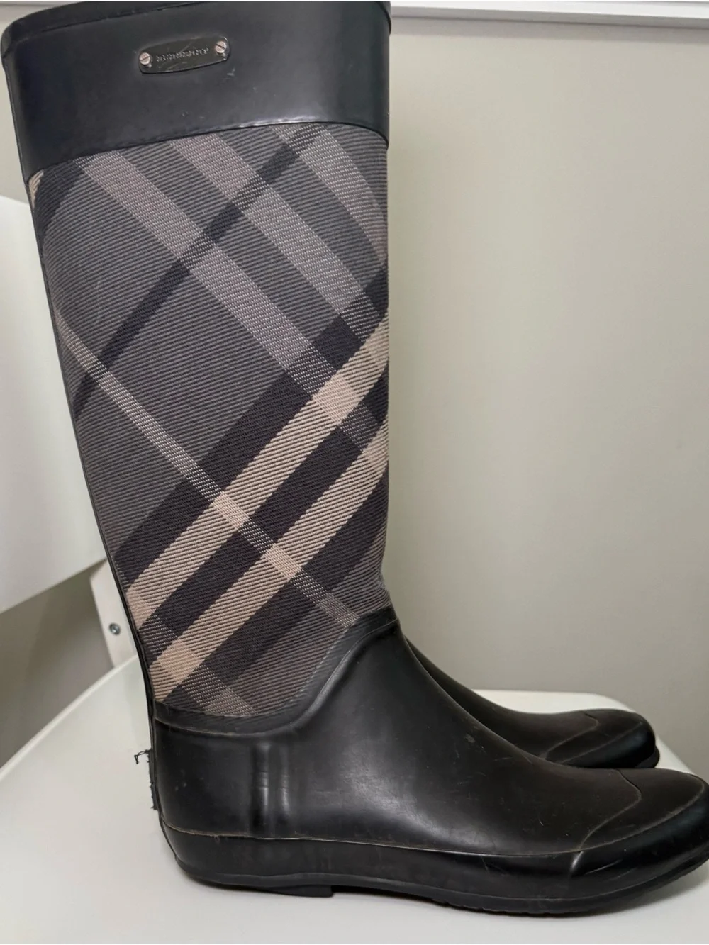 Burberry Black and Beige Plaid Over-the-Knee Rain Boots